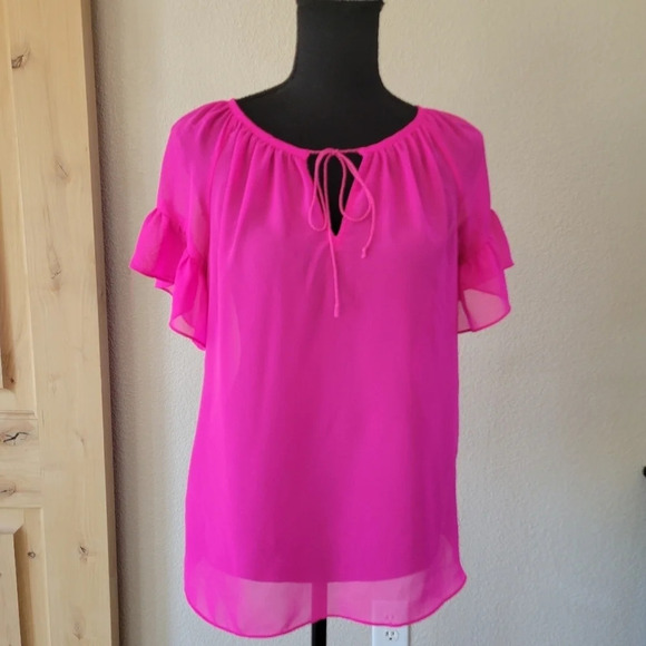 MILLY For DESIGN NATION Hot Pink Keyhole tie  Ruffled Short Sleeve Blouse - Picture 1 of 9